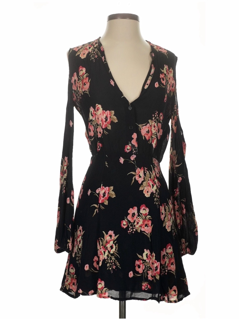 Reformation Black Long-Sleeve Floral Button Dress